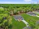 Aerial view of a gray home with a blue garage door, surrounded by lush trees and green lawns at 17501 Sw 41St Cir, Ocala, FL 34473