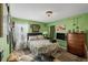 Comfortable bedroom with green walls, a floral bedspread, a wooden dresser, and window with sheer curtains at 1907 Myakka Ct, Poinciana, FL 34759