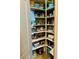 Organized walk-in pantry with wooden shelves, offering ample storage space for food and kitchen essentials at 2051 Sandy Garden Ln, Winter Garden, FL 34787
