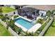 Aerial perspective of a backyard oasis with a pool, screened-in lanai, and lush landscaping at 2390 Standing Rock Cir, Oakland, FL 34787