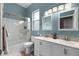 Stylish bathroom features a double sink, glass-enclosed shower, and modern fixtures at 2418 Ridgemooor Dr, Orlando, FL 32828