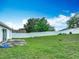 View of the home's fenced in backyard featuring grass and a concrete patio at 5125 Pine Needle Dr, Mascotte, FL 34753