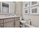 Powder room featuring a light gray vanity, quartz countertops, and decorative artwork at 617 Canopy Estates Dr, Winter Garden, FL 34787