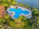 Aerial view of a community pool surrounded by palm trees and lush landscaping with a lake nearby at 7918 Esta Ln, Orlando, FL 32827