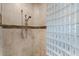 Close up of the tile shower with glass block wall in the bathroom at 831 Royalwood Ln, Oviedo, FL 32765