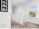 Upstairs hallway with carpet flooring, a window overlooking a palm tree, and a modern art print at 11054 Hanlon Terrace Aly, Winter Garden, FL 34787