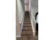 Carpeted staircase with white railings, leading to the upper level of the home at 16631 Lazy Breeze Loop, Clermont, FL 34714