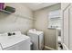 Bright laundry room equipped with modern appliances, wire shelving, and natural light from window at 2777 Monticello Way, Kissimmee, FL 34741