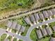 High angle aerial view of a residential neighborhood showing sidewalks and manicured lawns at 3744 Quaint Ln, Clermont, FL 34711