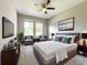 Bright bedroom featuring a ceiling fan, two windows, a bed with decorative pillows, and two chairs at 137 Drayton Ave, Davenport, FL 33837