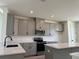 Modern kitchen with gray cabinets, stainless steel appliances and quartz countertops with black accents at 15107 Grove Lake Dr, Winter Garden, FL 34787