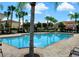 Large, inviting community swimming pool surrounded by palm trees and lounge chairs, offering a resort-style experience at 312 Partridge Pea Ln, Ocoee, FL 34761