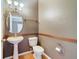 Bathroom with pedestal sink and framed mirror at 3222 Eagle Creek Ln, Kissimmee, FL 34746