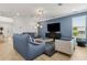 Inviting living room with blue accent wall, modern furniture, and large window for natural light at 9844 Beach Port Dr, Winter Garden, FL 34787