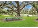 A shaded picnic area with tables under a large tree, overlooking a serene lake and gazebo at 2142 Woodbridge Rd, Longwood, FL 32779