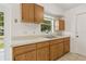 Close-up of kitchen featuring oak cabinets, stainless steel sink, and view to the backyard at 325 Little Aspen Ct, Ocoee, FL 34761