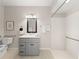 Bright bathroom showcasing a gray vanity with modern fixtures, accessible walk-in shower, and neutral decor at 8024 Cool Breeze Dr # 132, Orlando, FL 32819