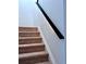 Carpeted staircase with modern black handrail and white risers at 10747 Satinwood Cir, Orlando, FL 32825