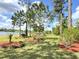 Expansive backyard with decorative landscaping and partial lake view at 1477 Shadwell Cir, Lake Mary, FL 32746