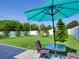 Green backyard featuring a patio with an umbrella with trees and a privacy fence at 1618 Oregon Ave, St Cloud, FL 34769