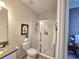 Bathroom featuring a glass shower stall, granite vanity, and decorative accents at 444 Halter Dr, Apopka, FL 32712