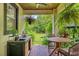 Cozy outdoor kitchen area with wood ceiling, brick floor, built in sink, and view of large backyard at 489 Grape Ave, St Cloud, FL 34769