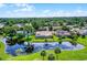 An aerial view of a single-Gathering home with a screened pool, lush greenery, and waterfront views at 526 Sabal Trail Cir, Longwood, FL 32779