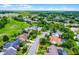 Aerial photograph highlighting a neighborhood street with landscaped yards and community pond at 526 Sabal Trail Cir, Longwood, FL 32779