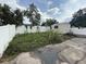 Backyard with a shed, a white fence, and concrete patio needs some yard work at 7104 Blue Earth Ct, Orlando, FL 32818