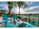 Inviting outdoor seating area with a modern fire pit, Adirondack chairs, a lake view, and a secure fence for safety at 884 Golden Bear Dr, Reunion, FL 34747