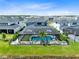 Aerial view of screened pool, lush backyard with artificial turf and surrounding community at 9352 Santorini Dr, Orlando, FL 32827