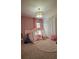 Bright bedroom with pink walls, unique lighting, circular rug and ample closet space at 1930 Dolphin Drive, Kissimmee, FL 34759