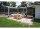 Enclosed pool area with a patio, with seating and brick-paved flooring, with an outdoor dining table at 300 Royal Palm Ct, Longwood, FL 32779