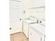 Functional laundry area features a washer, dryer, storage shelf, and convenient access with a door at 535 Aeolian Dr, New Smyrna Beach, FL 32168