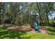 Backyard playground with a tower, slide, and swing surrounded by mature shade trees and green grass at 672 Seven Oaks Blvd, Winter Springs, FL 32708