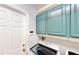 Functional laundry room with teal cabinets, modern washer and dryer, and a white door at 14723 Pine Cone Trl, Clermont, FL 34711