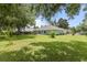 A sprawling backyard with a lush green lawn, mature trees, and a black metal fence at 36646 Oconee Ave, Eustis, FL 32736