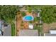Aerial view of a backyard pool surrounded by mulch and greenery, offering a private oasis at 7642 Park Hill Ave, Leesburg, FL 34748