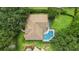 Aerial view of private pool with screened enclosure and lush, landscaped backyard at 9491 Wickham Way, Orlando, FL 32836