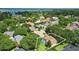 Expansive aerial view showcases a neighborhood with mature trees, lush landscaping, and a glimpse of a tranquil lake at 9491 Wickham Way, Orlando, FL 32836