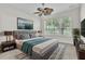 Comfortable main bedroom featuring modern furniture, a ceiling fan, and a view of the lake at 1067 Chatham Break St, Orlando, FL 32828