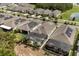 Aerial view of homes with solar panels and screened-in pools overlooking lush landscaping in a residential neighborhood at 7778 Four Seasons Blvd, Kissimmee, FL 34747