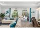 Living room with sofa, decorative pillows, and sliding glass doors with backyard pool view at 7778 Four Seasons Blvd, Kissimmee, FL 34747