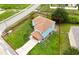 An aerial view of a two-story, blue home with a red property line and large lawn at 1001 Dampierre Ct, Kissimmee, FL 34759