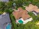 Aerial view of a home with a pool, patio, and lush landscaping, nestled in a beautiful neighborhood at 11015 Hawkshead Ct, Windermere, FL 34786