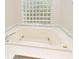 Close up of bathtub with tile surround and unique glass block window above at 33042 Lake Bend Cir, Leesburg, FL 34788