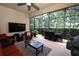Enjoy outdoor dining and relaxation on this screened-in lanai with comfortable seating and tranquil views at 3574 La Jolla Dr, Clermont, FL 34711