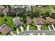 An aerial view displays a neighborhood featuring well-manicured lawns and houses, some with private pools at 3637 Foxchase Dr, Clermont, FL 34711