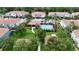 Aerial view of a community pool, playground, and green space surrounded by townhomes at 366 Reed Grass Dr, Oviedo, FL 32765