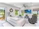 Comfortable living room with waterfront views, features plush seating, a ceiling fan, and a mounted television at 378 Cape Honeysuckle Pl, Sanford, FL 32771